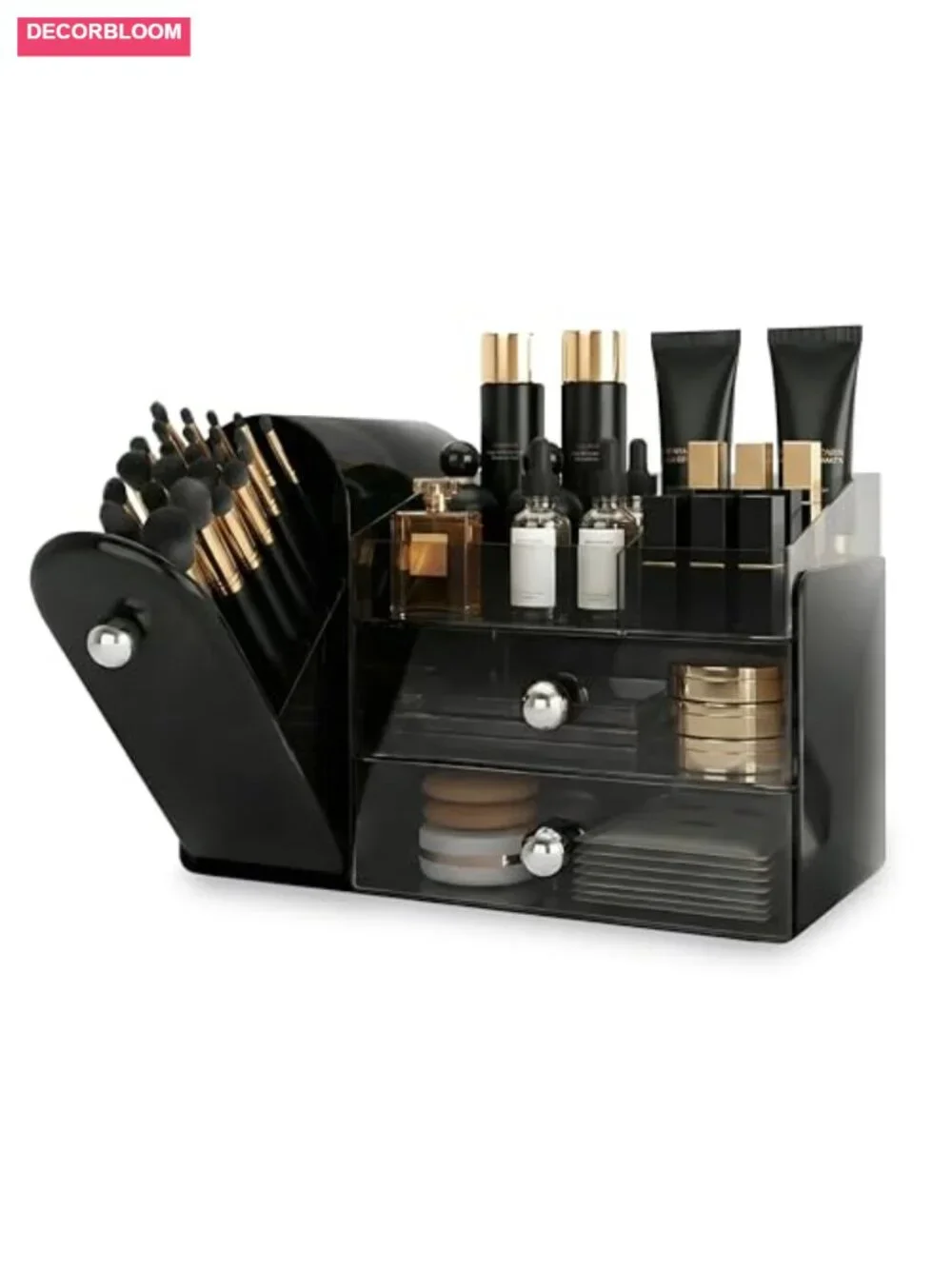 Large Makeup Organizer with Dustproof Brush Holder, 2 Clear Drawers for